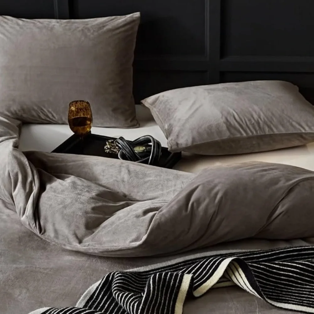 🆕 3 piece Mushroom Gray Beige Graeige Velvet Duvet Cover Set in size QUEEN
